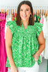 Floral Print Flutter Sleeve Shirred Notched Neck Blouse
