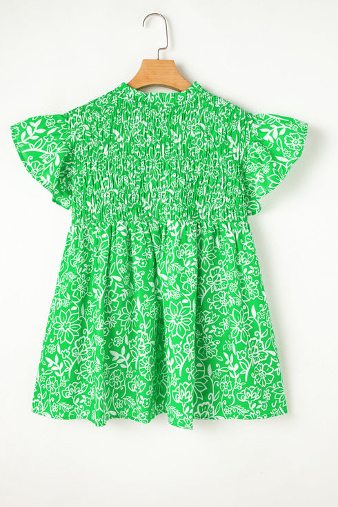 Floral Print Flutter Sleeve Shirred Notched Neck Blouse