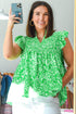 Floral Print Flutter Sleeve Shirred Notched Neck Blouse