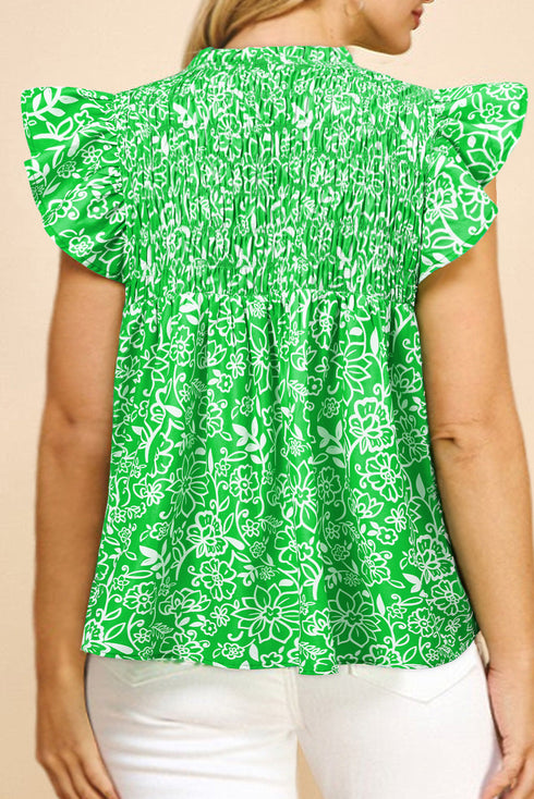 Floral Print Flutter Sleeve Shirred Notched Neck Blouse