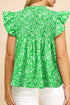 Floral Print Flutter Sleeve Shirred Notched Neck Blouse