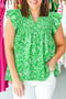 Floral Print Flutter Sleeve Shirred Notched Neck Blouse