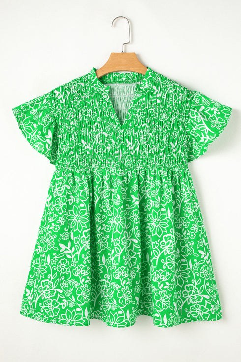 Floral Print Flutter Sleeve Shirred Notched Neck Blouse