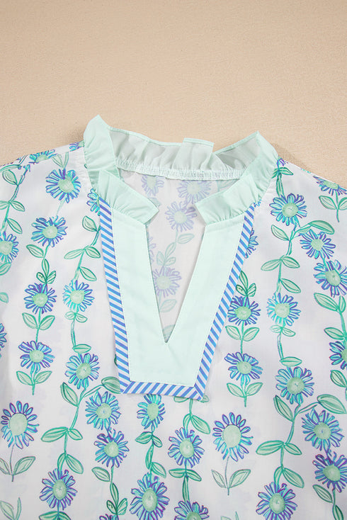 Floral Print Flutter Sleeve Split Neck Blouse
