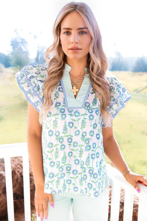 Floral Print Flutter Sleeve Split Neck Blouse