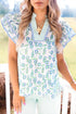 Floral Print Flutter Sleeve Split Neck Blouse