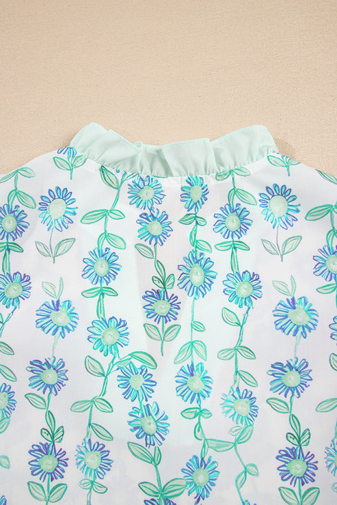 Floral Print Flutter Sleeve Split Neck Blouse