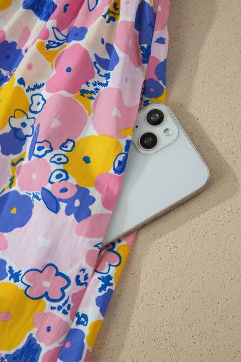 Floral Print Flutter Sleeve Striped Trim Square Neck Dress