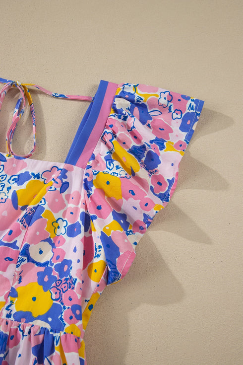 Floral Print Flutter Sleeve Striped Trim Square Neck Dress