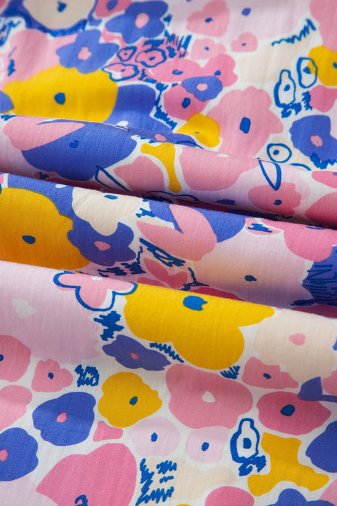 Floral Print Flutter Sleeve Striped Trim Square Neck Dress