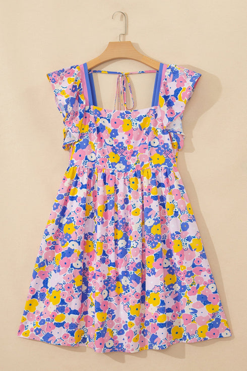 Floral Print Flutter Sleeve Striped Trim Square Neck Dress
