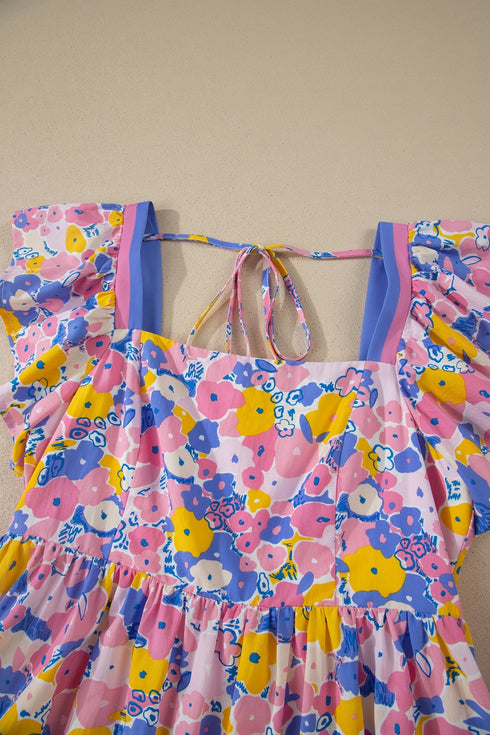 Floral Print Flutter Sleeve Striped Trim Square Neck Dress