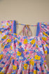Floral Print Flutter Sleeve Striped Trim Square Neck Dress