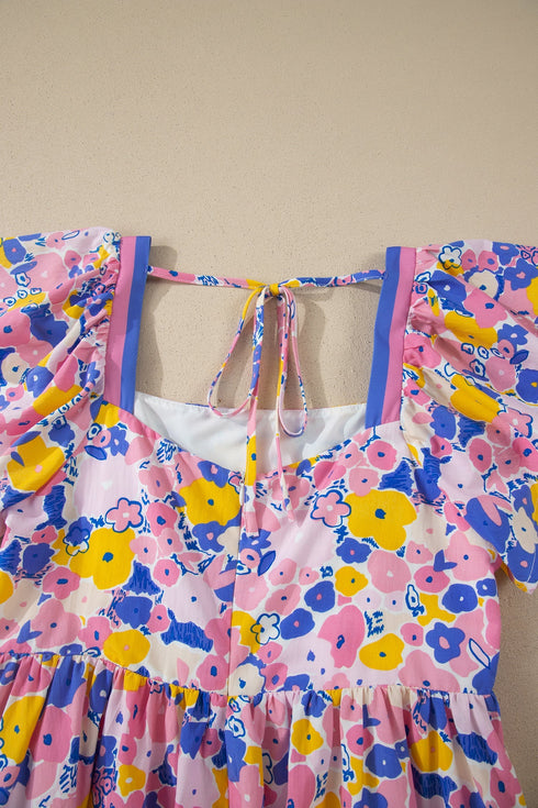 Floral Print Flutter Sleeve Striped Trim Square Neck Dress