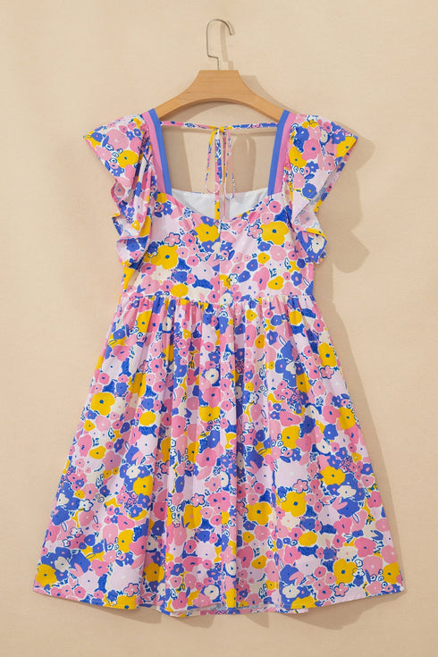 Floral Print Flutter Sleeve Striped Trim Square Neck Dress