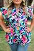 Floral Print Flutter Sleeve Tied Notched Neck Plus Size Blouse