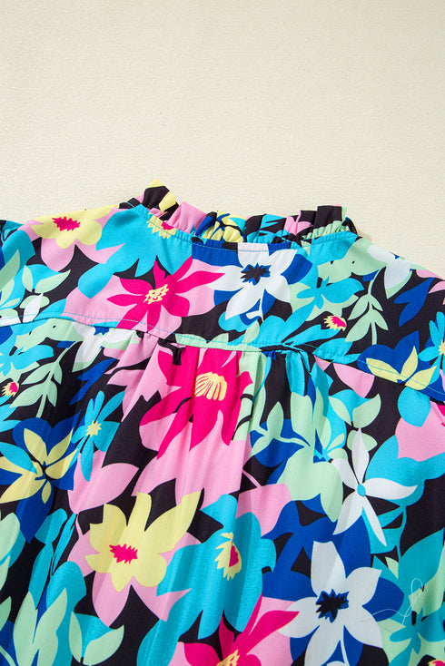 Floral Print Flutter Sleeve Tied Notched Neck Plus Size Blouse