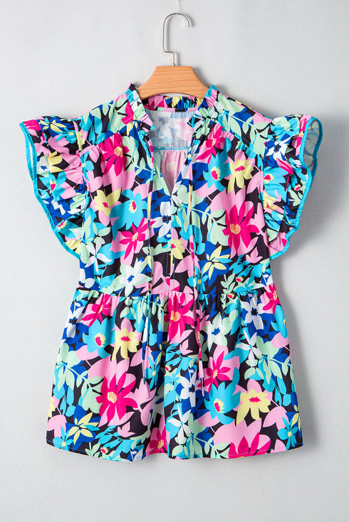 Floral Print Flutter Sleeve Tied Notched Neck Plus Size Blouse