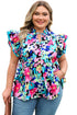 Floral Print Flutter Sleeve Tied Notched Neck Plus Size Blouse