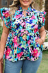 Floral Print Flutter Sleeve Tied Notched Neck Plus Size Blouse