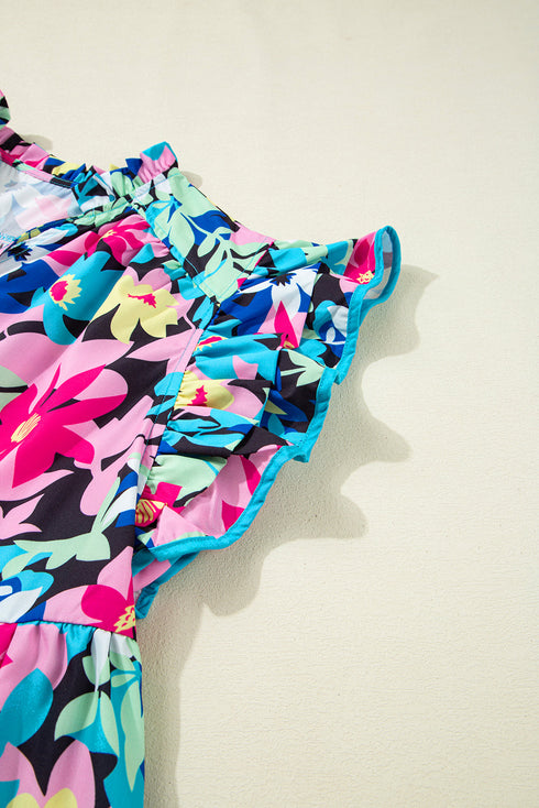 Floral Print Flutter Sleeve Tied Notched Neck Plus Size Blouse