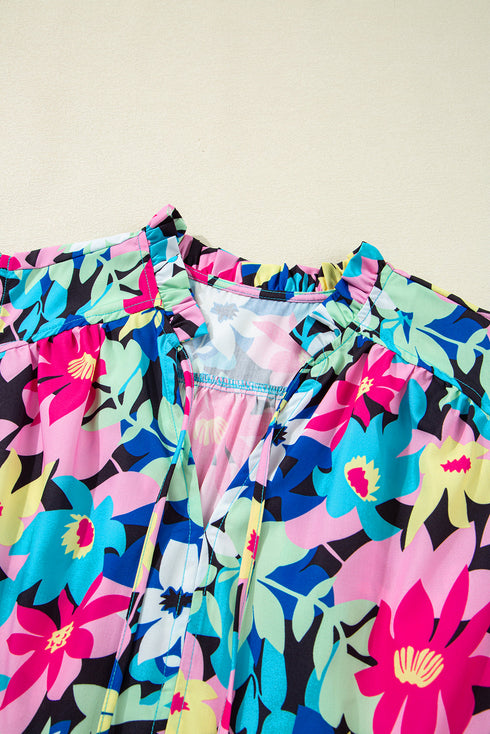 Floral Print Flutter Sleeve Tied Notched Neck Plus Size Blouse