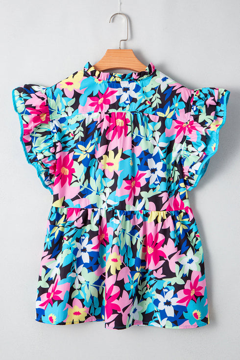 Floral Print Flutter Sleeve Tied Notched Neck Plus Size Blouse
