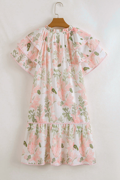 Floral Print Flutter Sleeve Tiered Rope Trim Detail Mini Dress