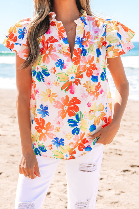 Floral Print Flutter Sleeve V Neck Cotton Blouse