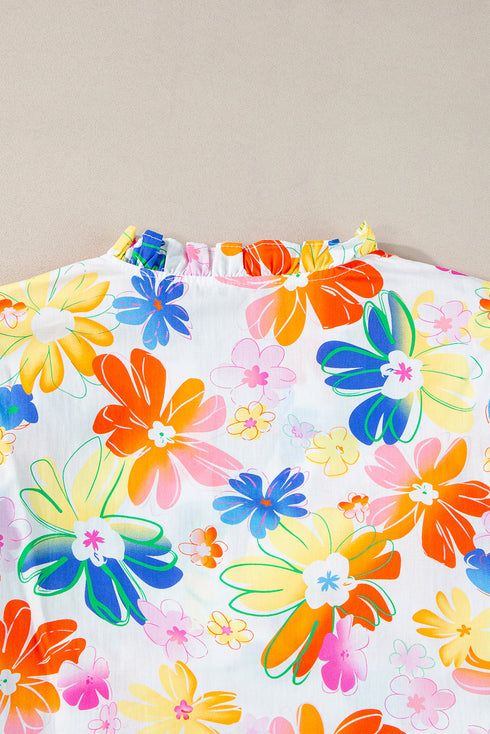 Floral Print Flutter Sleeve V Neck Cotton Blouse