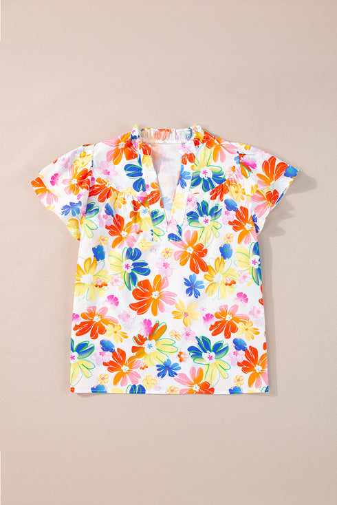 Floral Print Flutter Sleeve V Neck Cotton Blouse