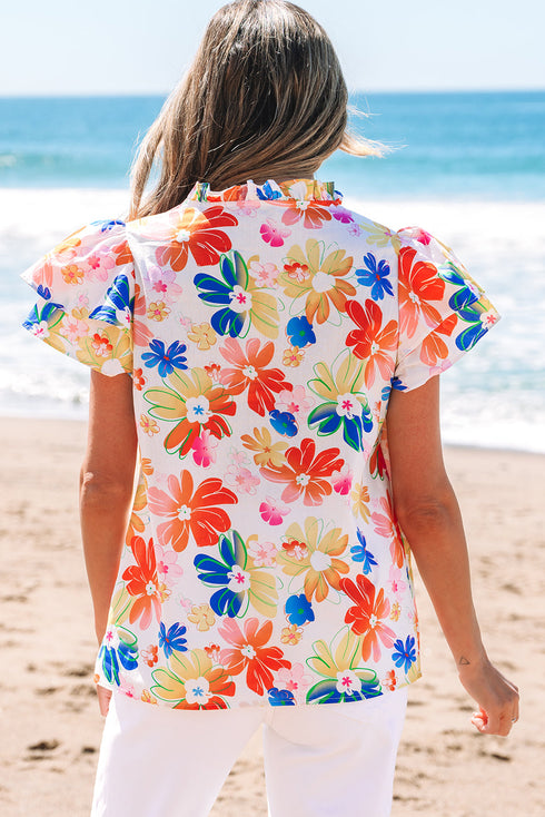 Floral Print Flutter Sleeve V Neck Cotton Blouse