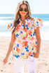 Floral Print Flutter Sleeve V Neck Cotton Blouse