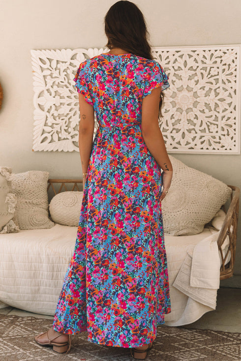 Floral Print Flutter Sleeve Wrap Silhouette Maxi Dress