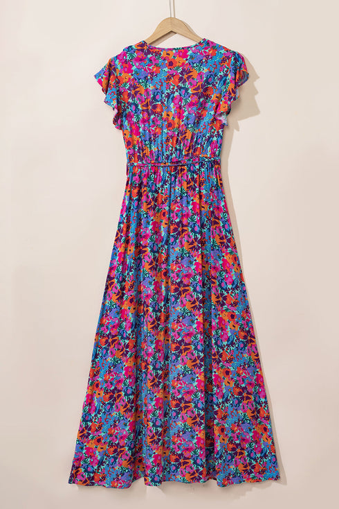 Floral Print Flutter Sleeve Wrap Silhouette Maxi Dress