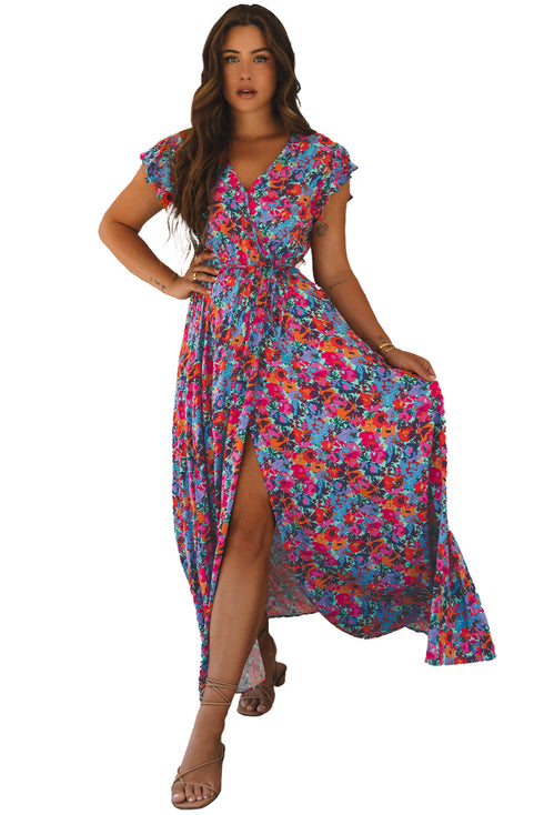 Floral Print Flutter Sleeve Wrap Silhouette Maxi Dress