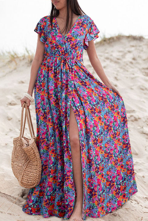 Floral Print Flutter Sleeve Wrap Silhouette Maxi Dress