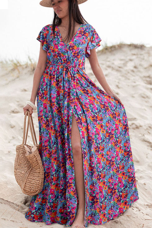 Floral Print Flutter Sleeve Wrap Silhouette Maxi Dress