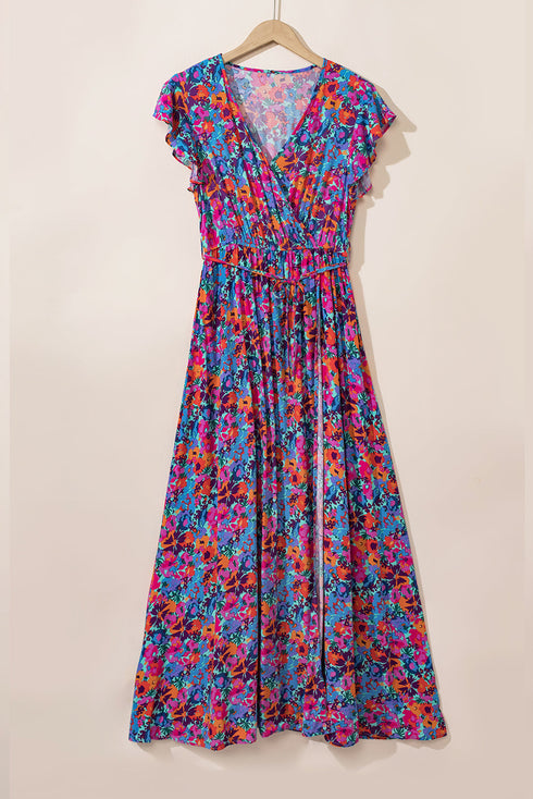 Floral Print Flutter Sleeve Wrap Silhouette Maxi Dress