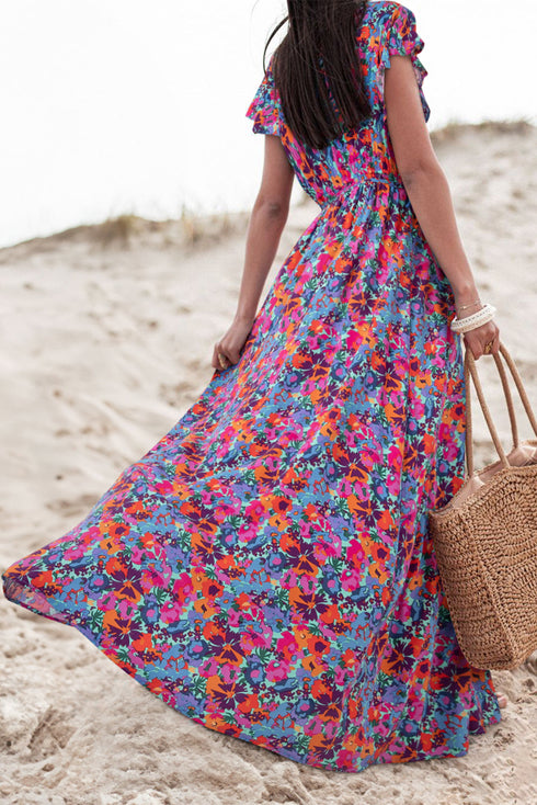 Floral Print Flutter Sleeve Wrap Silhouette Maxi Dress
