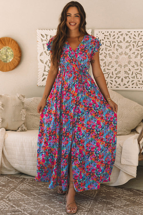 Floral Print Flutter Sleeve Wrap Silhouette Maxi Dress