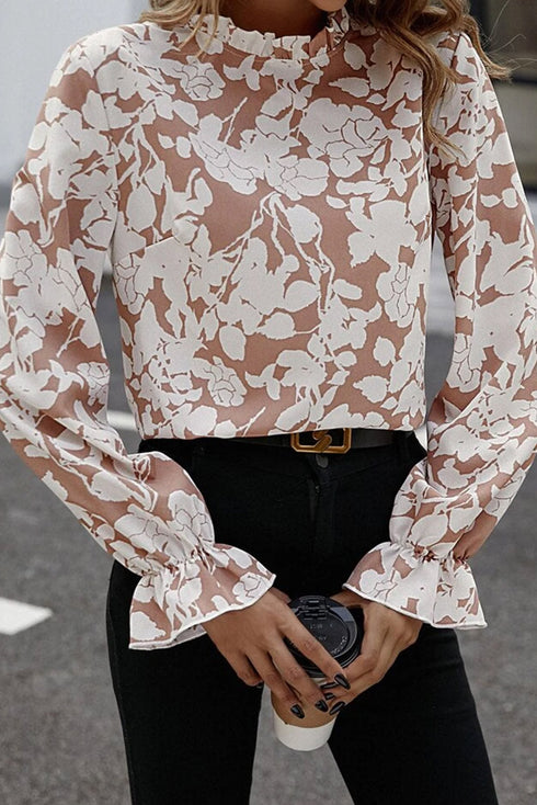 Floral Print Frilled Mock Neck Flounce Sleeve Blouse