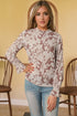 Floral Print Frilled Mock Neck Flounce Sleeve Blouse