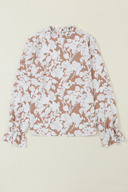 Floral Print Frilled Mock Neck Flounce Sleeve Blouse