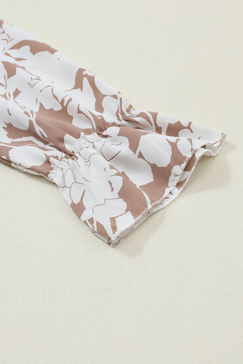 Floral Print Frilled Mock Neck Flounce Sleeve Blouse