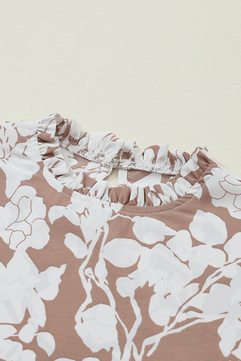 Floral Print Frilled Mock Neck Flounce Sleeve Blouse