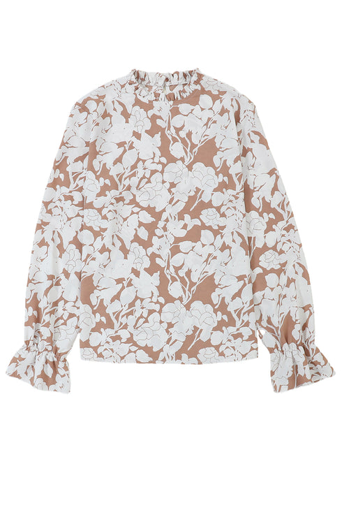 Floral Print Frilled Mock Neck Flounce Sleeve Blouse