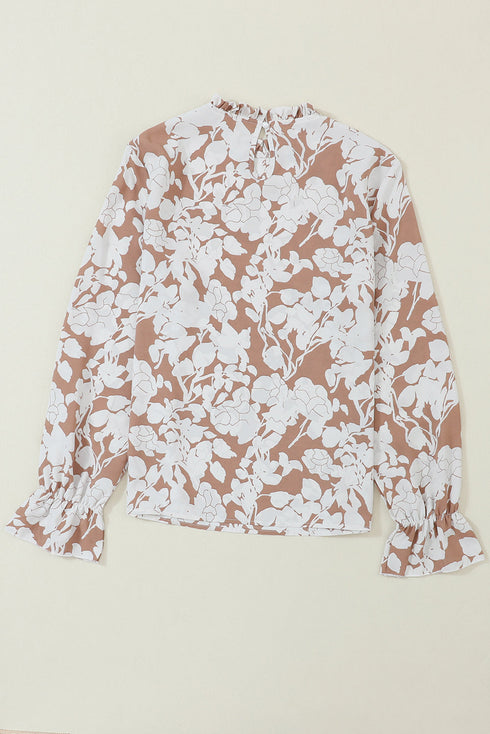 Floral Print Frilled Mock Neck Flounce Sleeve Blouse