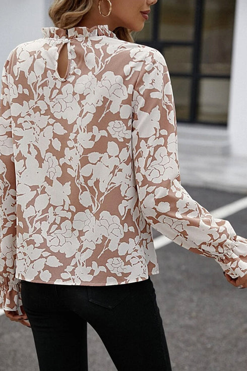Floral Print Frilled Mock Neck Flounce Sleeve Blouse