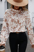 Floral Print Frilled Mock Neck Flounce Sleeve Blouse